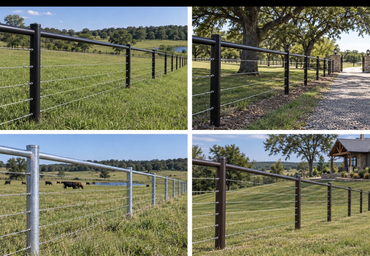 Four pipe and cable fence design concepts in black, bronze, and galvanized finishes