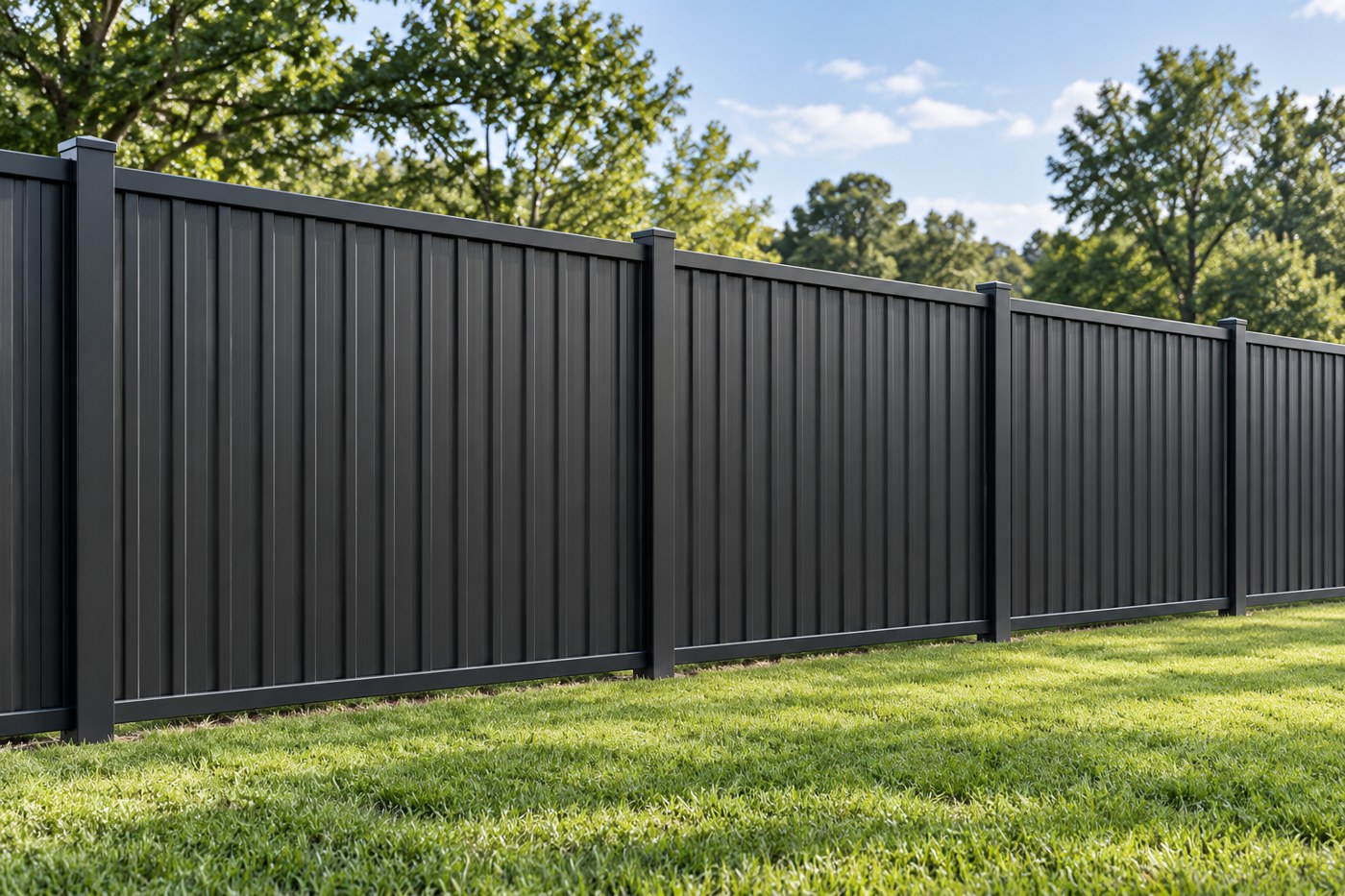 Design illustration of a charcoal steel panel privacy fence with square steel posts