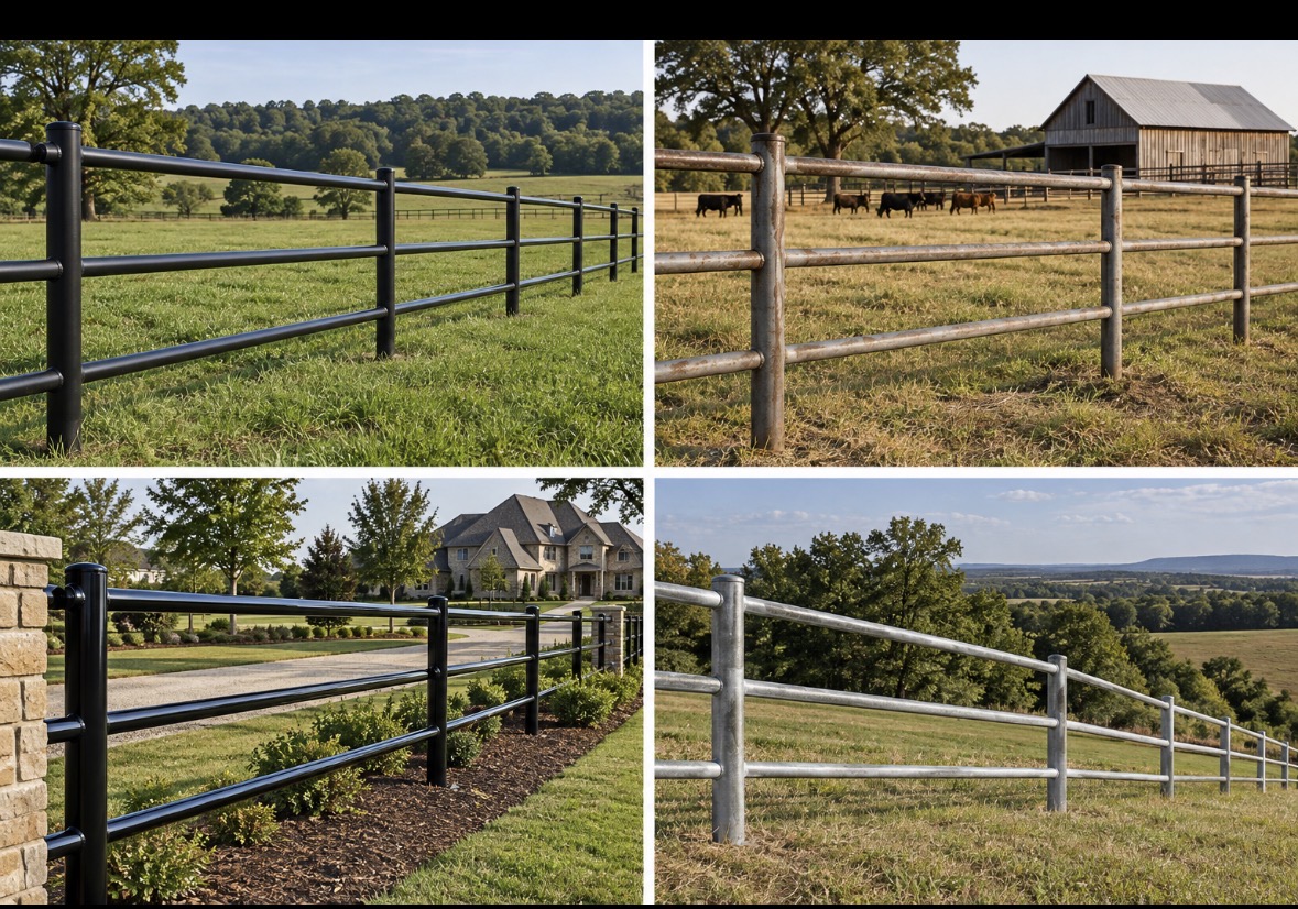 Four three-rail steel pipe fence design concepts in pasture and driveway settings